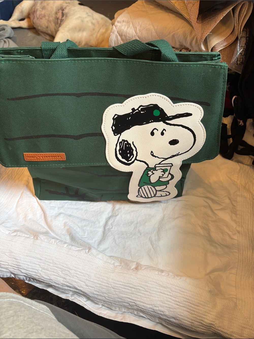 Starbucks Green Snoopy Canvas Tote Bag with Patch - Picture 4 of 6